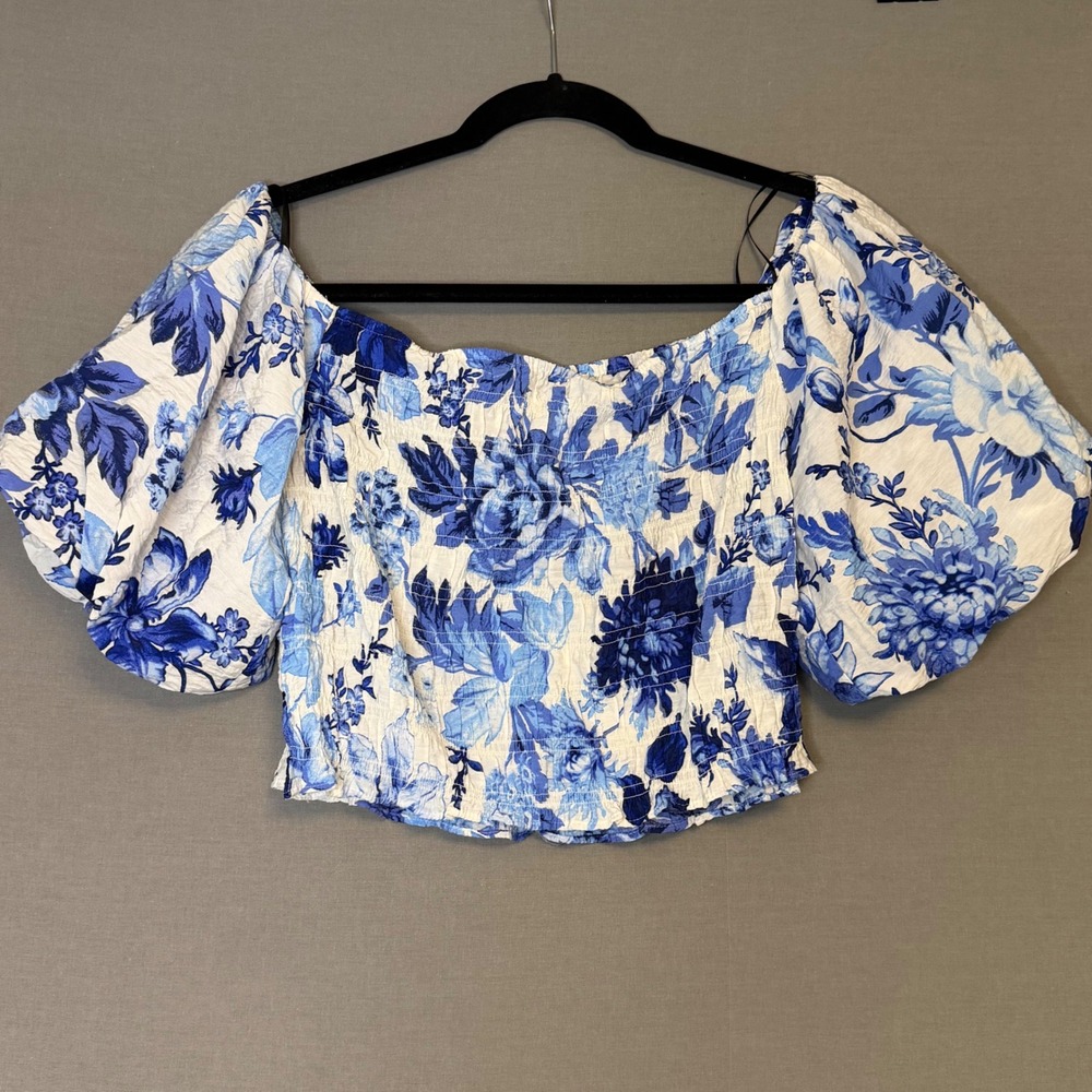 HM Blue White Floral Smocked Off Shoulder Puff Sleeve Crop Top Blouse Large